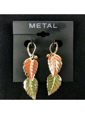 Kohl's Metal Earrings Gold-tone 2" Dangle Enamel Green & Orange Leaves